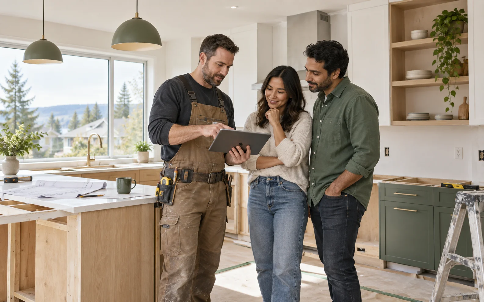 Homeowners reviewing a renovation plan and cost estimate with a professional contractor